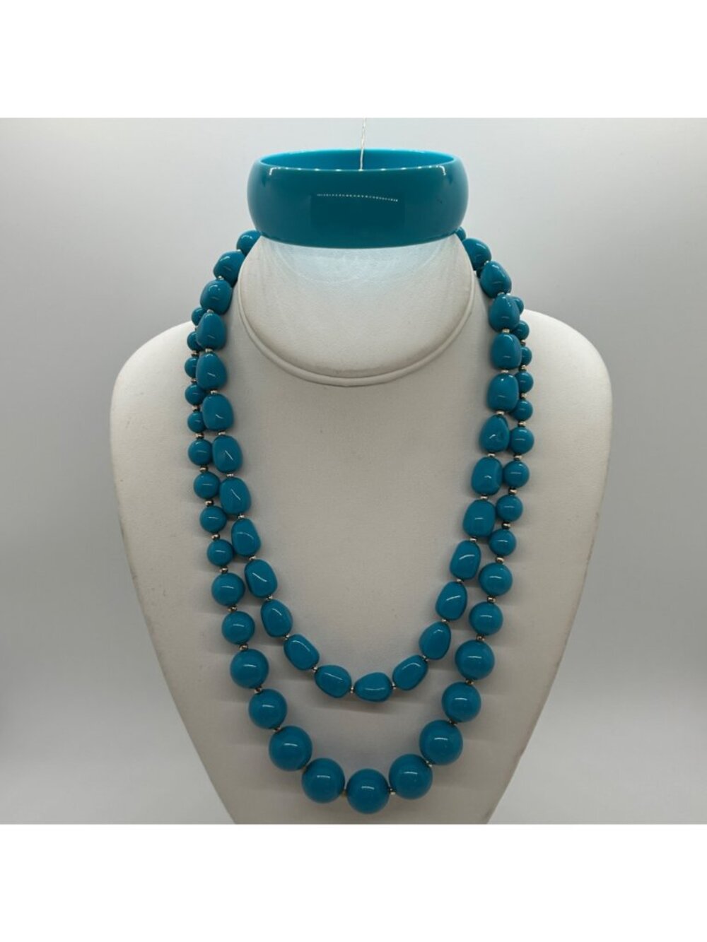 Vintage Turquoise Acrylic Set 2 Necklaces Bangle Bracelet Chunky Bead Statement - Picture 3 of 13